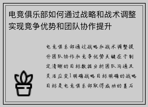 电竞俱乐部如何通过战略和战术调整实现竞争优势和团队协作提升